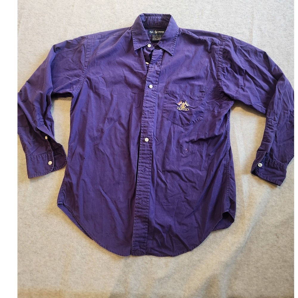 Ralph Lauren Button Up Shirt Mens 8 Purple Nautical Crest Logo Anchor Flags vtg